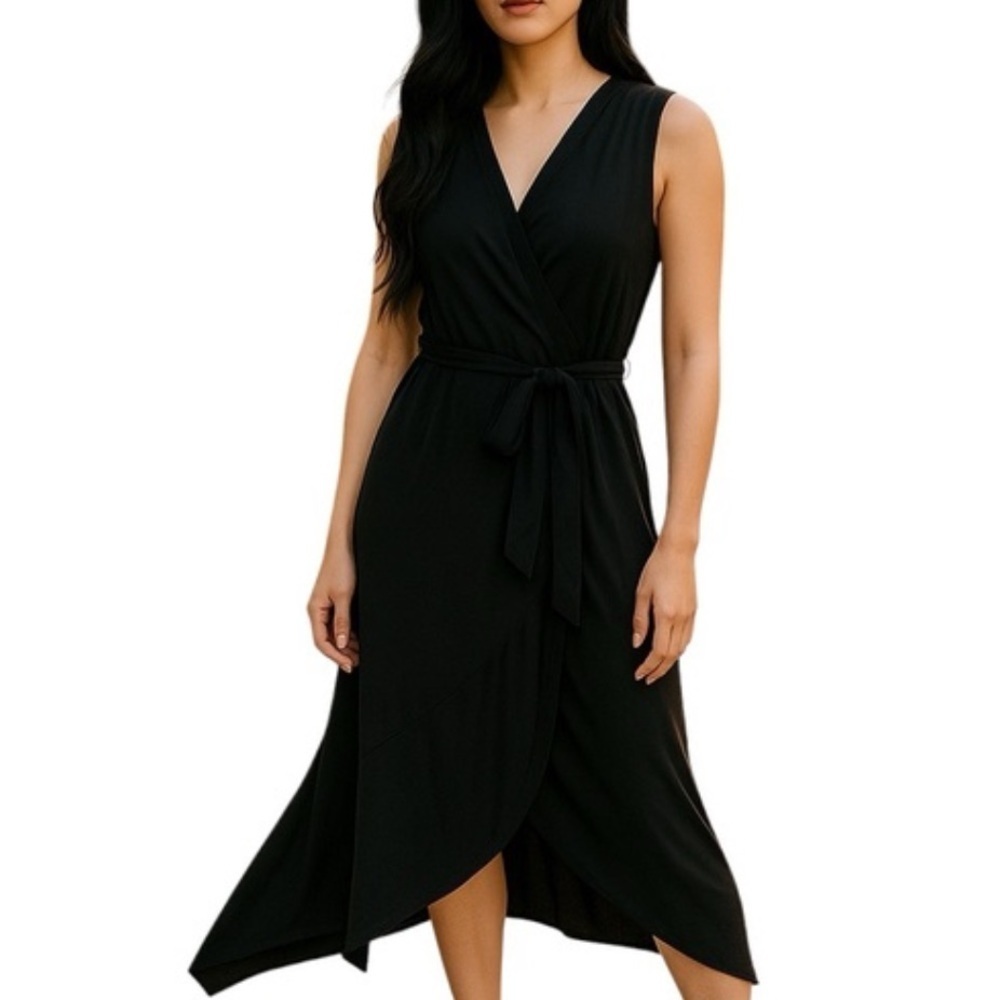 Athleta Women Midi Wrap Dress Small Windward Jersey Black Sleeveless Cottage